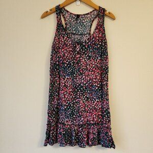 Everly Purple Blue Floral Sleeveless Blouse Sz S Button Peplum Rayon USA Edgy